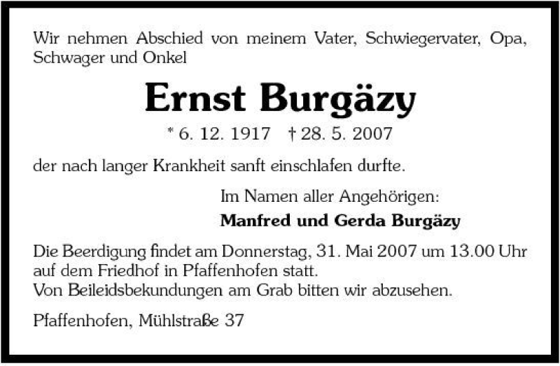  Traueranzeige für Ernst Burgäzy vom 29.05.2007 aus 