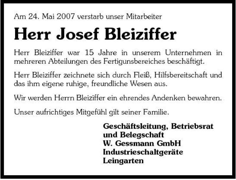  Traueranzeige für Josef Bleiziffer vom 30.05.2007 aus 