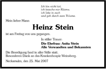 Traueranzeige von Heinz Stein 