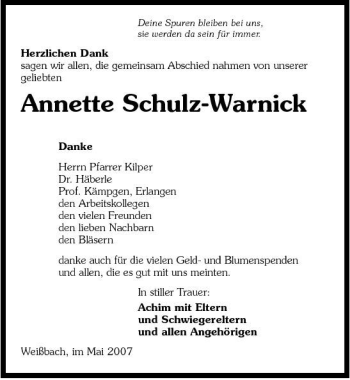 Traueranzeige von Annette Schulz-Warnick 
