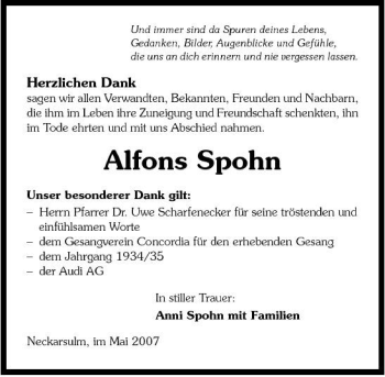 Traueranzeige von Alfons Spohn 
