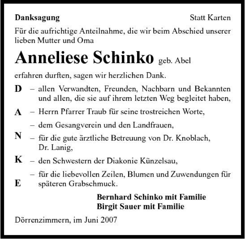  Traueranzeige für Anneliese Schinko vom 01.06.2007 aus 