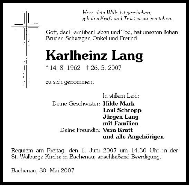  Traueranzeige für Karlheinz Lang vom 31.05.2007 aus 