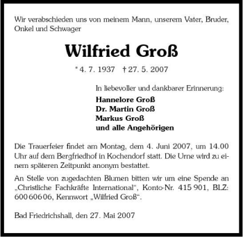 Traueranzeige von Wilfried Groß 