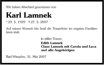 Traueranzeige von Karl Lamnek 