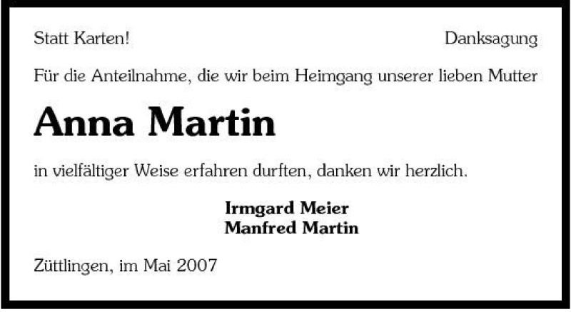  Traueranzeige für Anna Martin vom 02.06.2007 aus 