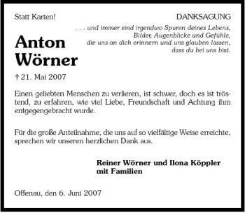 Traueranzeige von Anton Wörner 