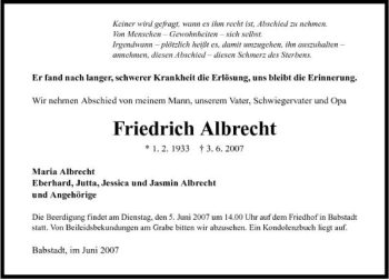 Traueranzeige von Friedrich Albrecht 