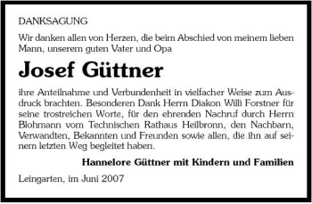 Traueranzeige von Josef Güttner 