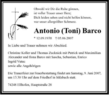 Traueranzeige von Antonio Barco 