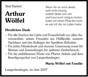 Traueranzeige von Arthur Wölfel 