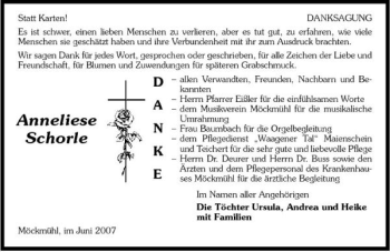 Traueranzeige von Anneliese Schorle 