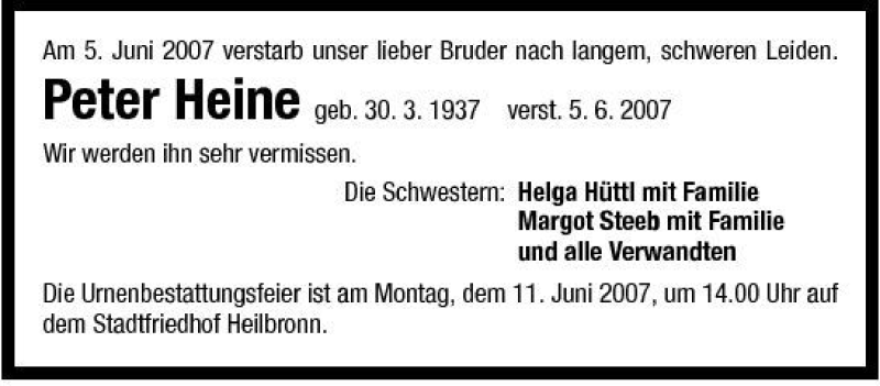  Traueranzeige für Peter Heine vom 08.06.2007 aus 