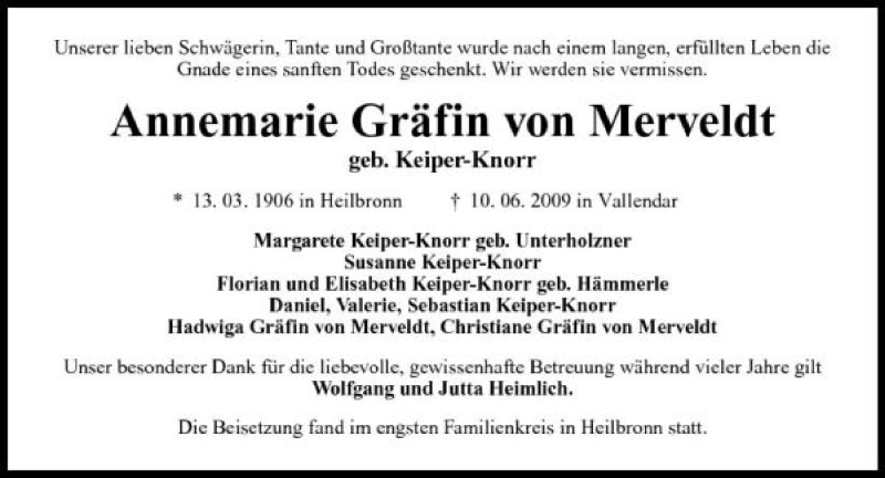  Traueranzeige für Annemarie Gräfin von Merveldt vom 25.06.2009 aus 