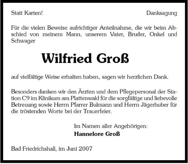  Traueranzeige für Wilfried Groß vom 08.06.2007 aus 