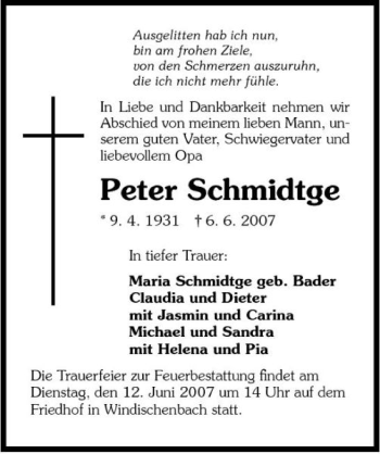 Traueranzeige von Peter Schmidtge 