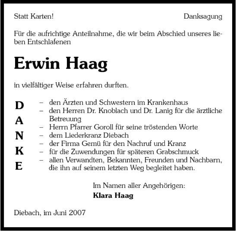  Traueranzeige für Erwin Haag vom 11.06.2007 aus 