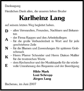 Traueranzeige von Karlheinz Lang 