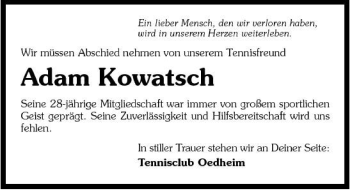Traueranzeige von Adam Kowatsch 