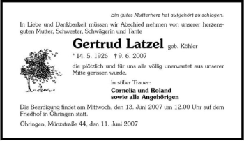 Traueranzeige von Gertrud Latzel 