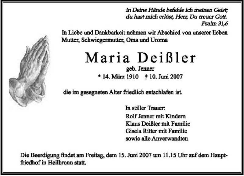 Traueranzeige für Maria Deißler vom 13.06.2007 aus 