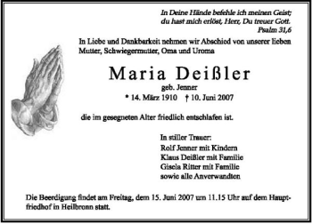 Traueranzeige von Maria Deißler 