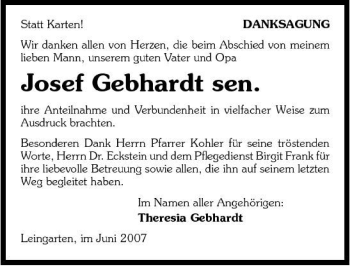 Traueranzeige von Josef Gebhardt 