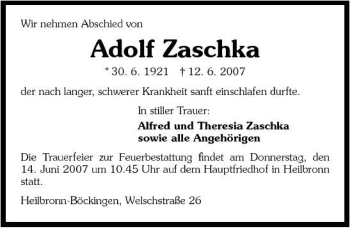 Traueranzeige von Adolf Zaschka 