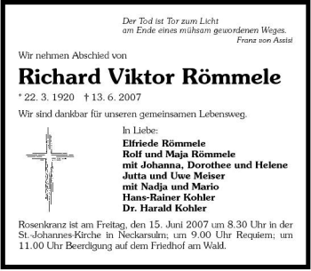 Traueranzeige von Richard Viktor Römmele 