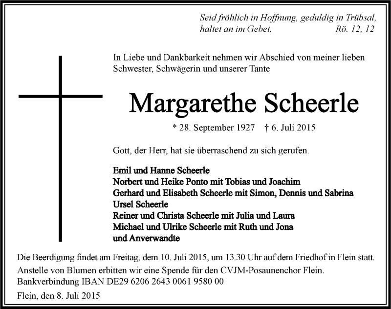  Traueranzeige für Margarethe Scheerle vom 08.07.2015 aus 