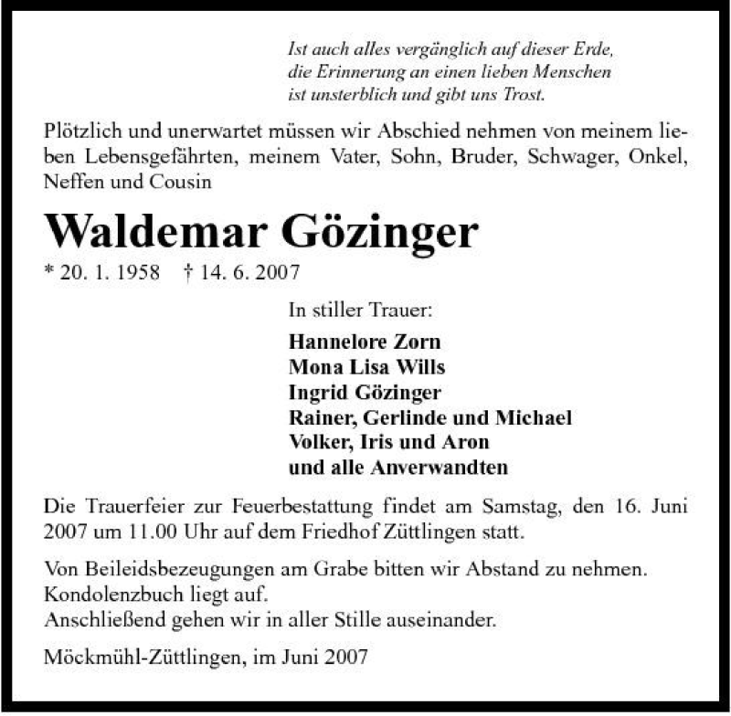  Traueranzeige für Waldemar Gözinger vom 15.06.2007 aus 
