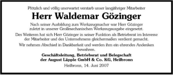 Traueranzeige von Waldemar Gözinger 