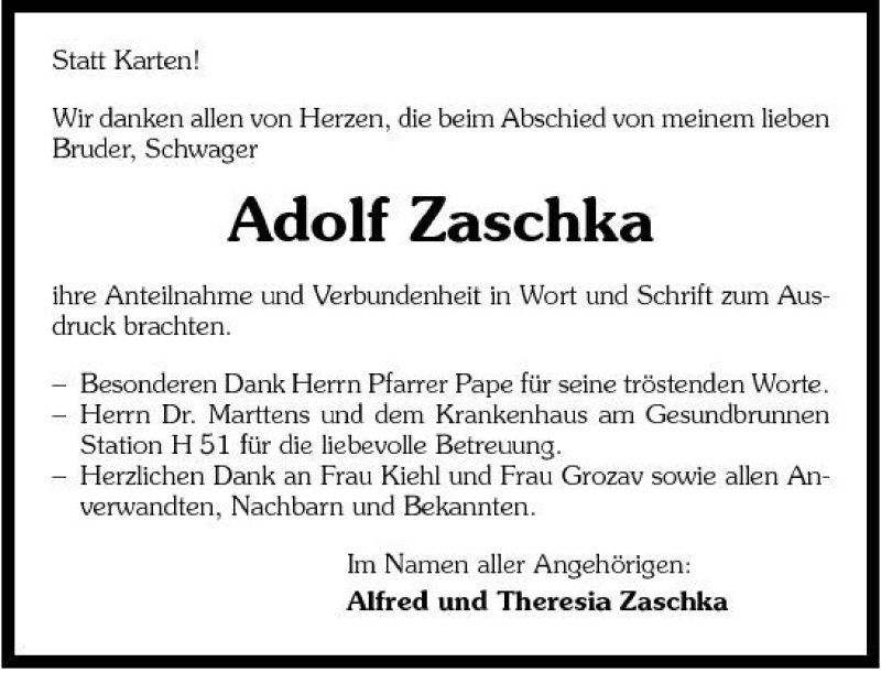  Traueranzeige für Adolf Zaschka vom 16.06.2007 aus 