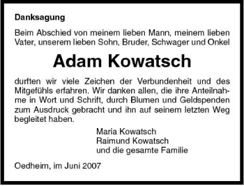 Traueranzeige von Adam Kowatsch 