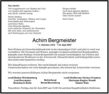 Traueranzeige von Achim Bergmeister 
