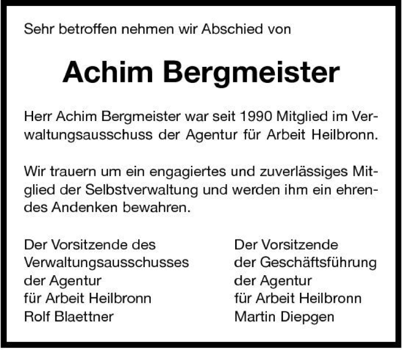  Traueranzeige für Achim Bergmeister vom 21.06.2007 aus 