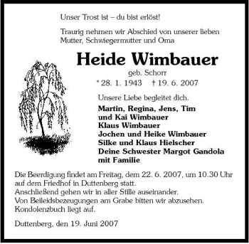 Traueranzeige von Heide Wimbauer 