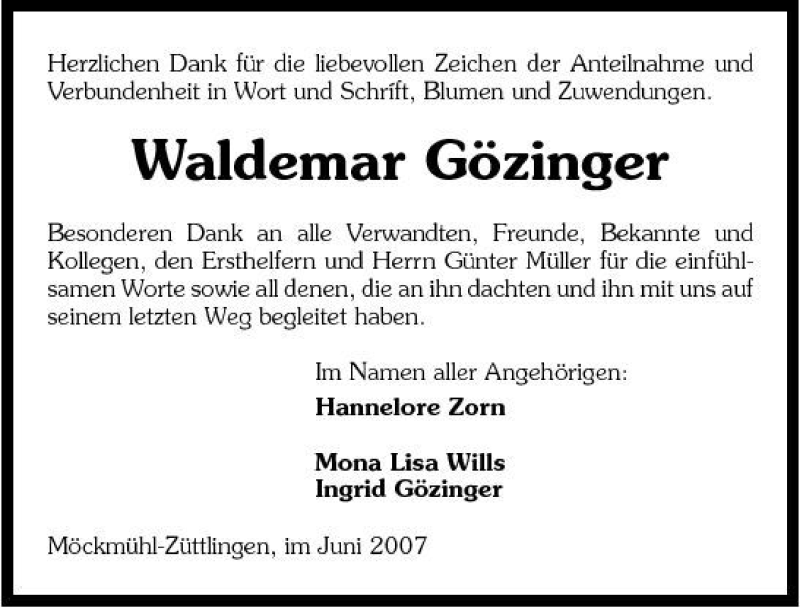  Traueranzeige für Waldemar Gözinger vom 23.06.2007 aus 