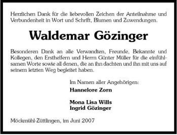 Traueranzeige von Waldemar Gözinger 