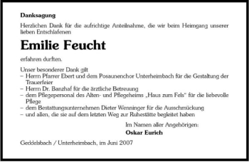 Traueranzeige von Emilie Feucht 