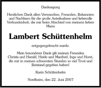 Traueranzeige von Lambert Schüttenhelm 
