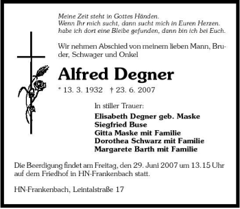 Traueranzeige von Alfred Degner 