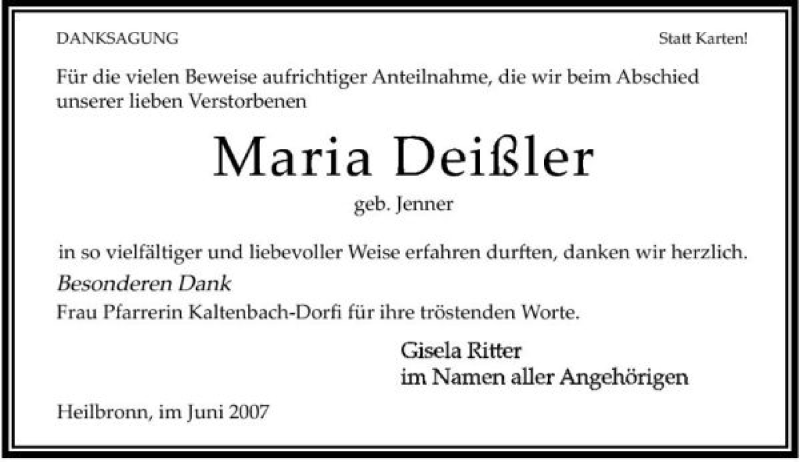  Traueranzeige für Maria Deißler vom 27.06.2007 aus 