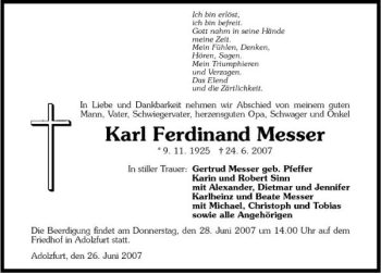 Traueranzeige von Karl Ferdinand Messer 
