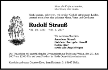 Traueranzeige von Rudolf Strauß 