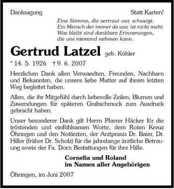 Traueranzeige von Gertrud Latzel 