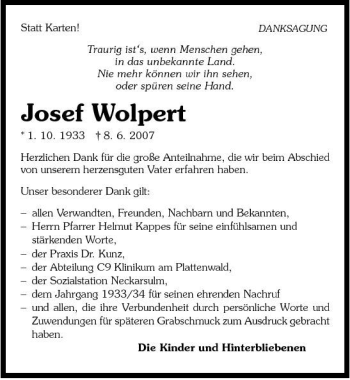 Traueranzeige von Josef Wolpert 