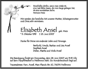 Traueranzeige von Elisabeth Ansel 