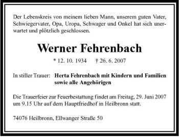 Traueranzeige von Werner Fehrenbach 