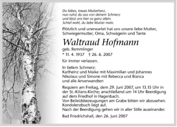 Traueranzeige von Waltraud Hofmann 